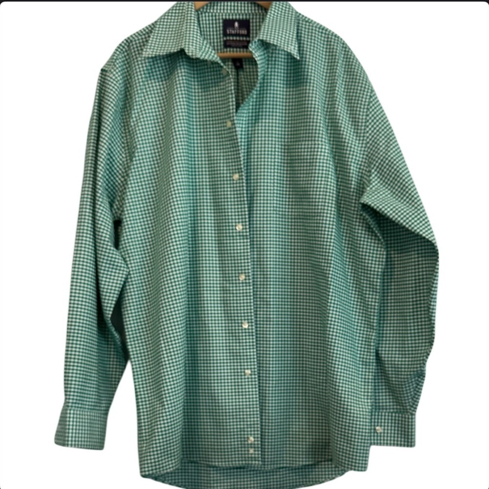 Stafford Green & White Gingham checkered wrinkle-free stretch oxford dress shirt